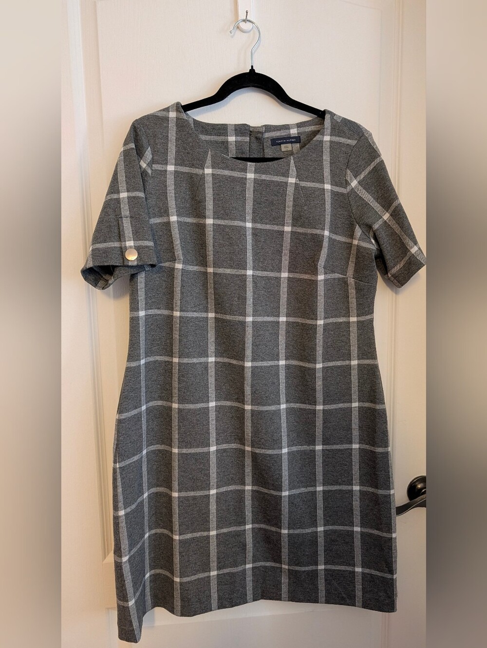 Tommy Hilfiger Grey and Ivory Plaid Knit A-Line Dress, 14